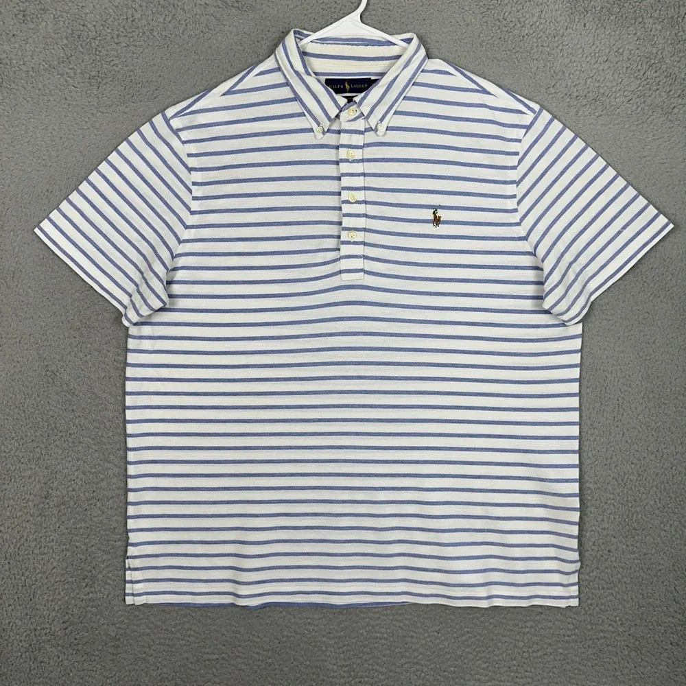Ralph Lauren Polo Shirt Mens XL Knit Oxford Blue White Striped Puny Rugby Casual